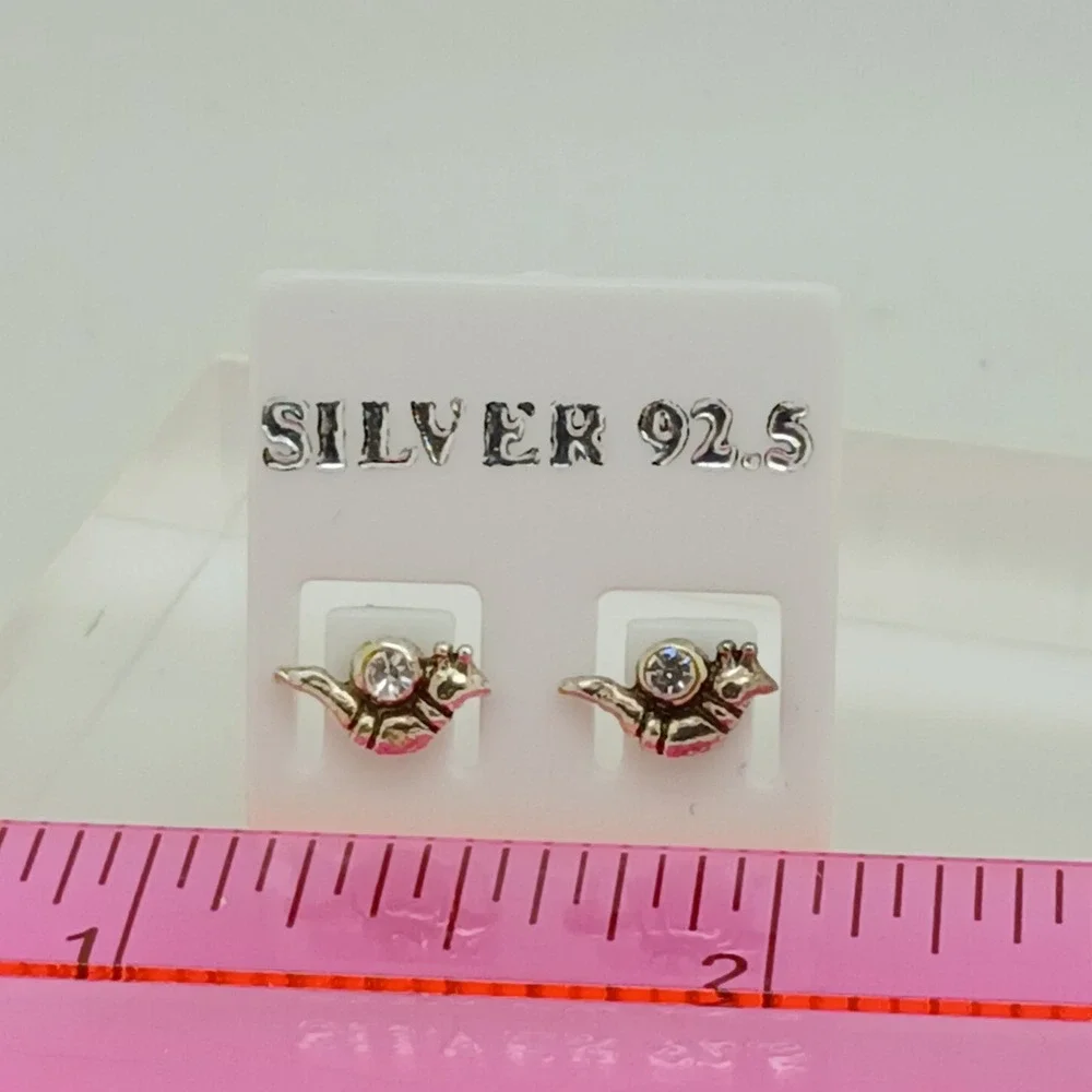 Vintage 1990s Thai Sterling Silver 925 Snail Stud Earrings Crystal Tiny Nature